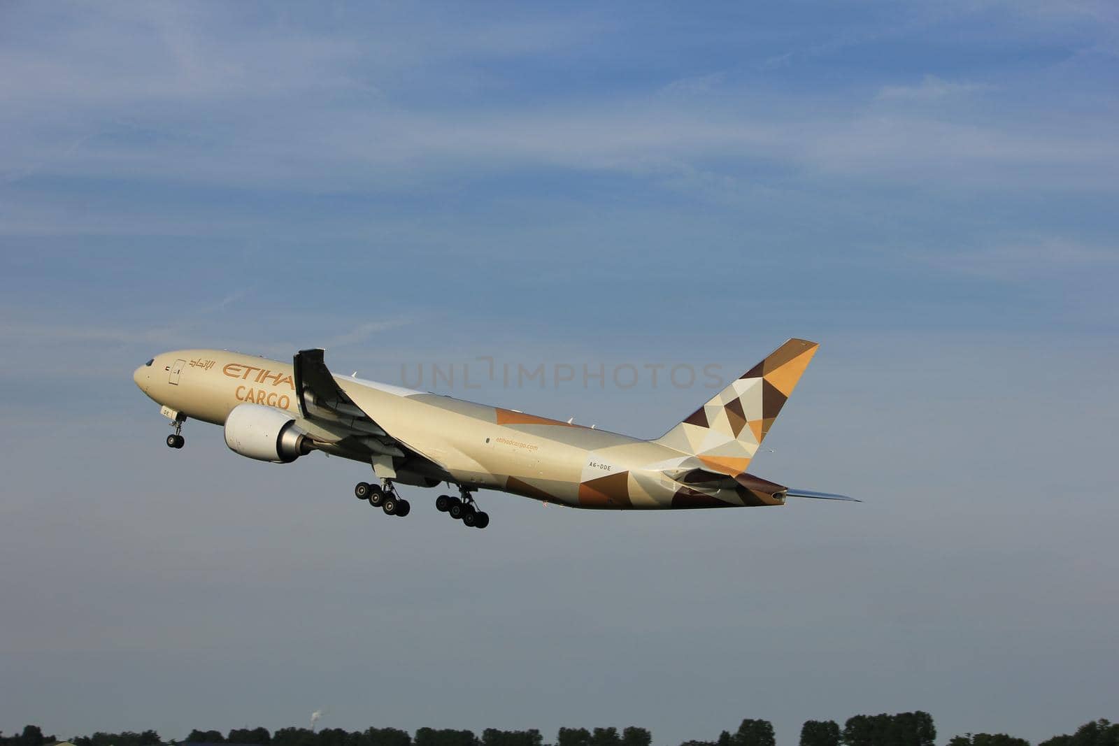 Amsterdam, the Netherlands  -  June 2nd, 2017: A6-DDE Etihad Airways Boeing 777F taking off from Polderbaan Runway Amsterdam Airport Schiphol