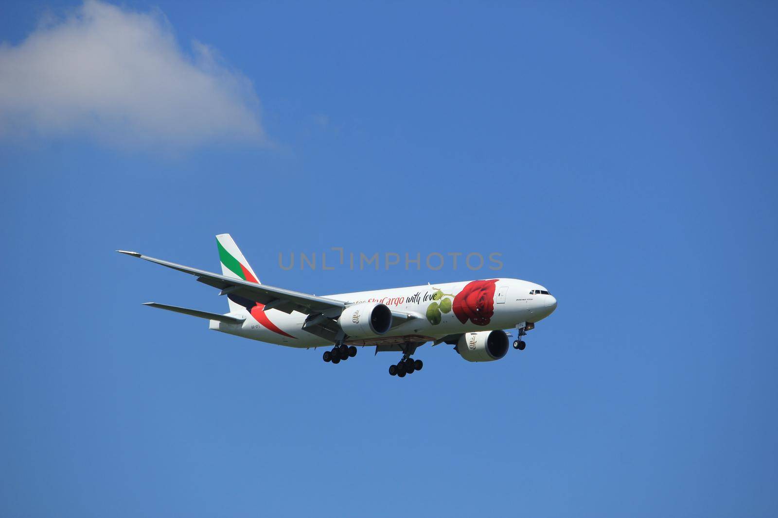 Amsterdam the Netherlands - July 9th 2017: A6-EFL Emirates Boeing 777 approaching Schiphol Amsterdam Airport Kaagbaan runway, Red Rose livery