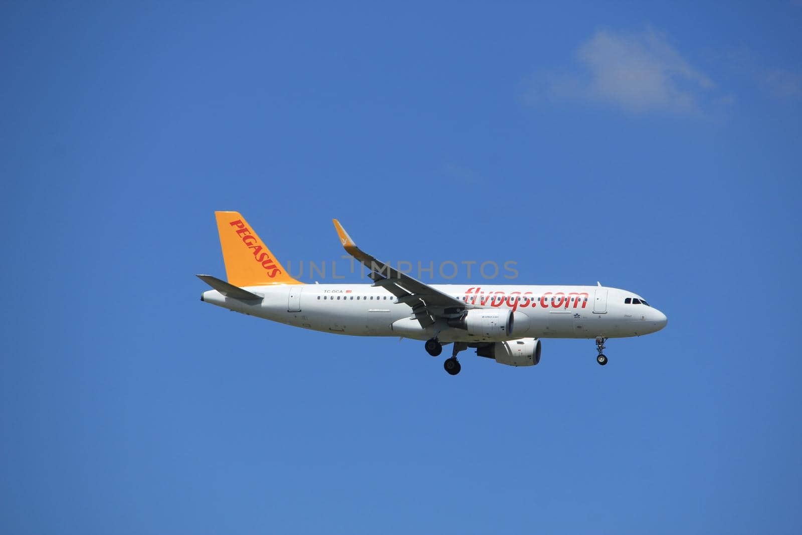 Amsterdam the Netherlands - July 9th 2017: TC-DCA Pegasus Airbus A320-200 approaching Schiphol Amsterdam Airport Kaagbaan runway