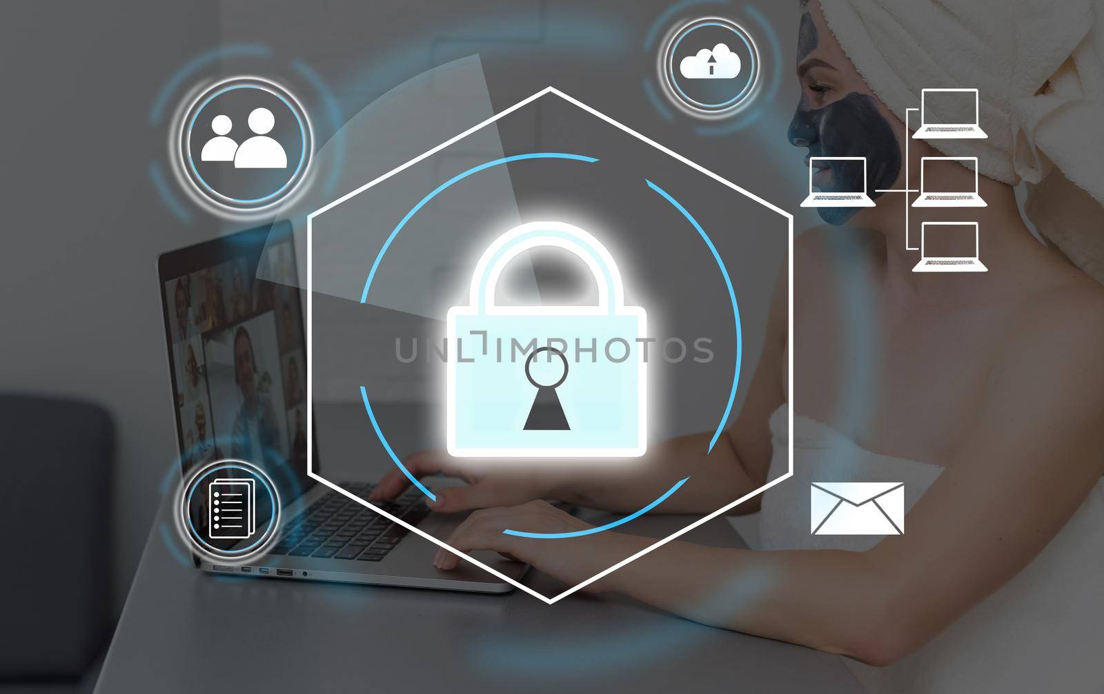 Cybersecurity and privacy concepts to protect data. Lock icon and internet network security technology. Businessman protecting personal data on smart phone with virtual screen interfaces.