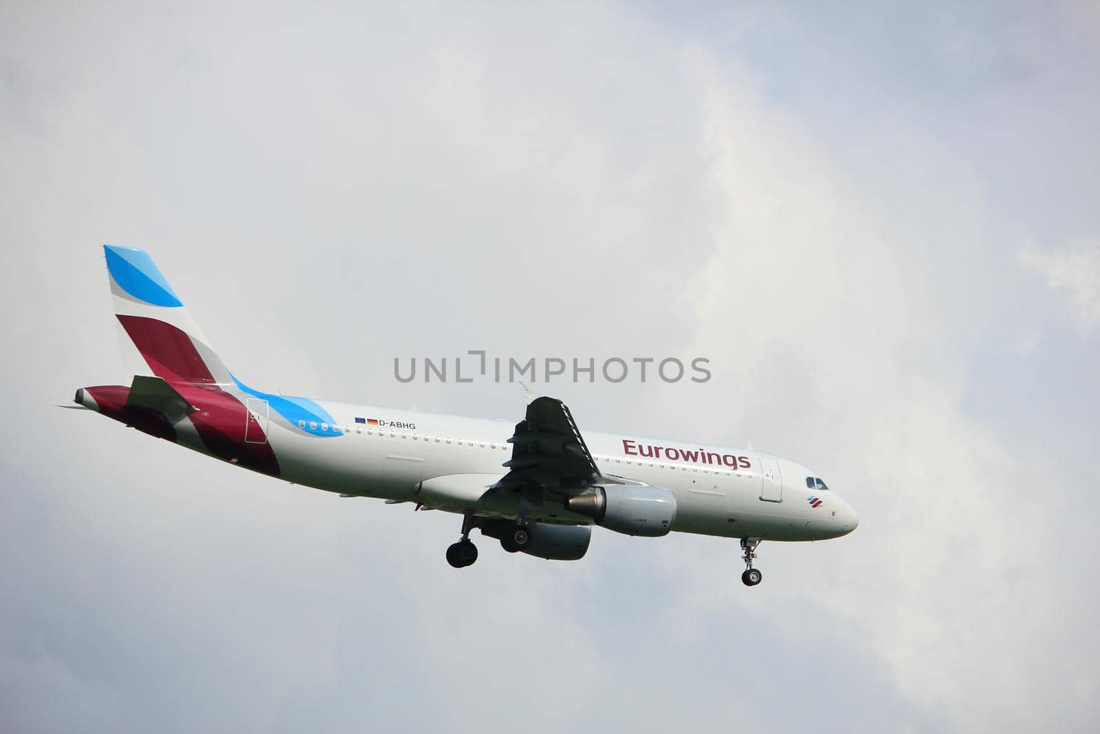 Amsterdam the Netherlands - July 20th 2017: D ABHG Eurowings Airbus A320 approaching Schiphol Amsterdam Airport Polderbaan runway