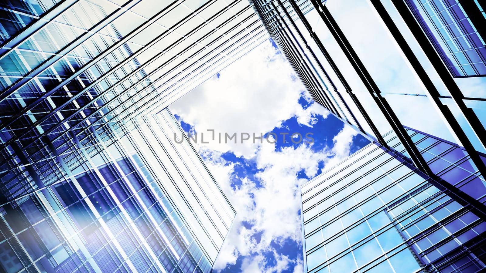 Glass building Architecture technology industry success business concept. Transparent glass wall of office building. Modern office building with glass facade on a clear sky background. 3d Rendering by Dvorak
