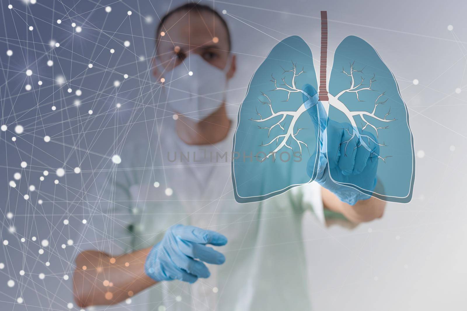 The doctor looks at the hologram of Lungs, checks the test result on the virtual interface and analyzes the data. Pneumonia, donation, innovative technologies, medicine of the future