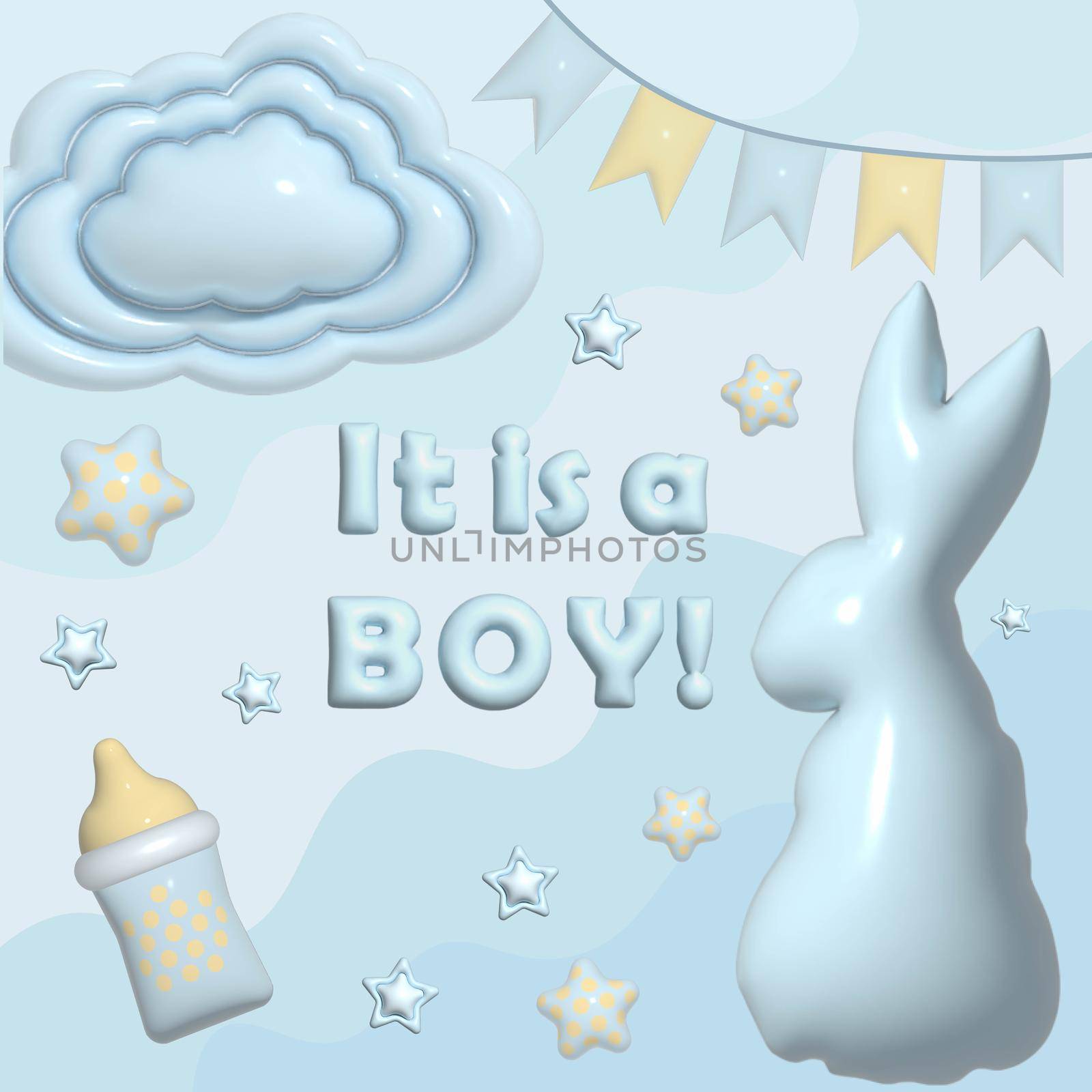 It's a boy. Festive poster for baby shower parties. Blue background