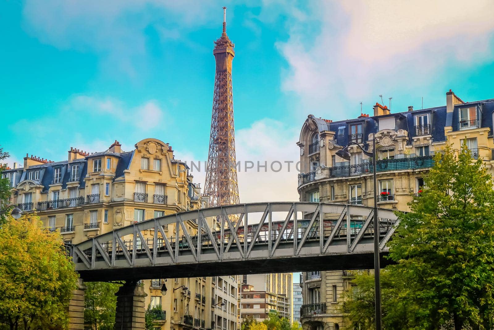 Eiffel tower view from Trocadero gardens at sunny day, Paris, France