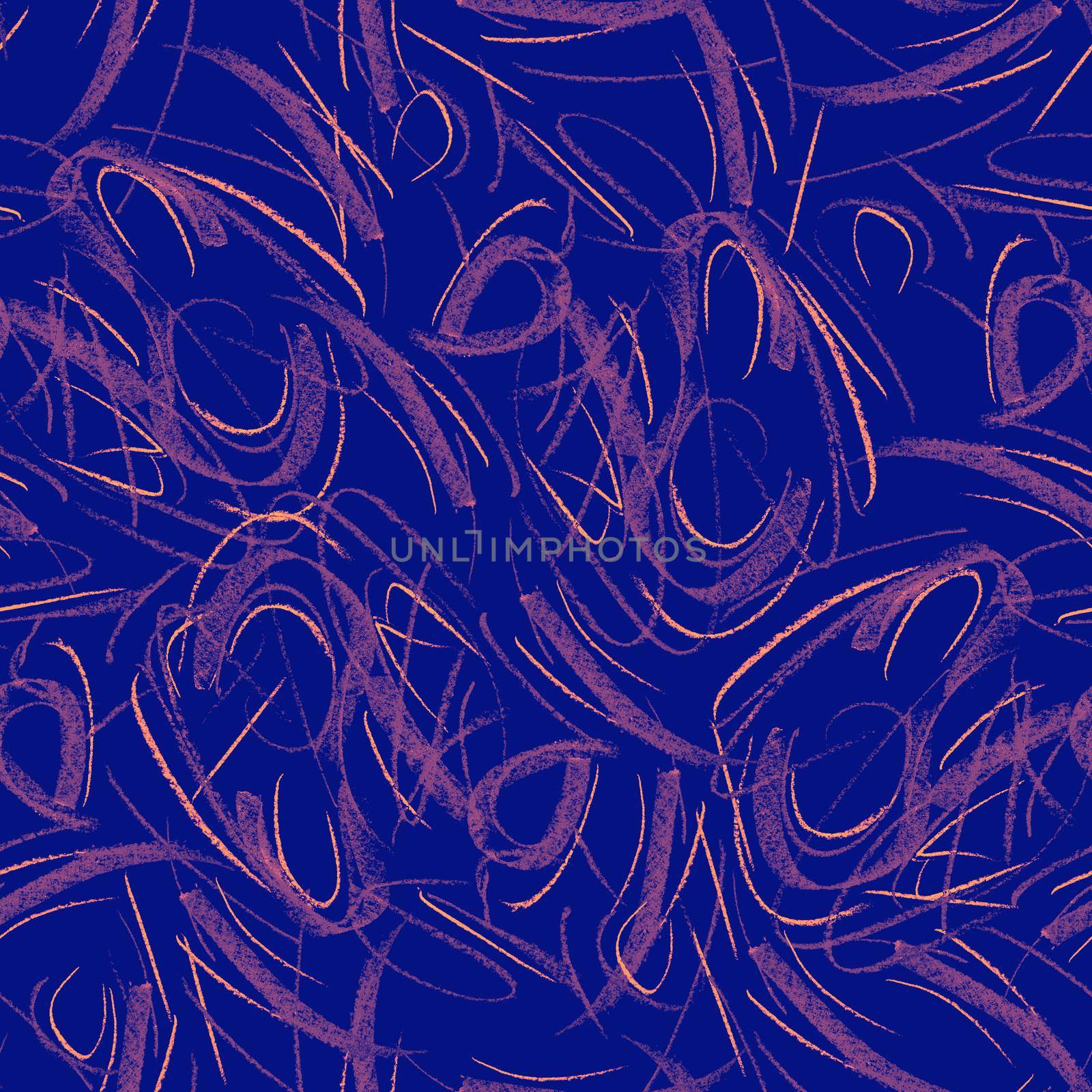 Wavy and swirled chalk strokes seamless pattern. Orange paint freehand scribbles, lines, squiggle pattern on blue background. Abstract wallpaper design, textile print