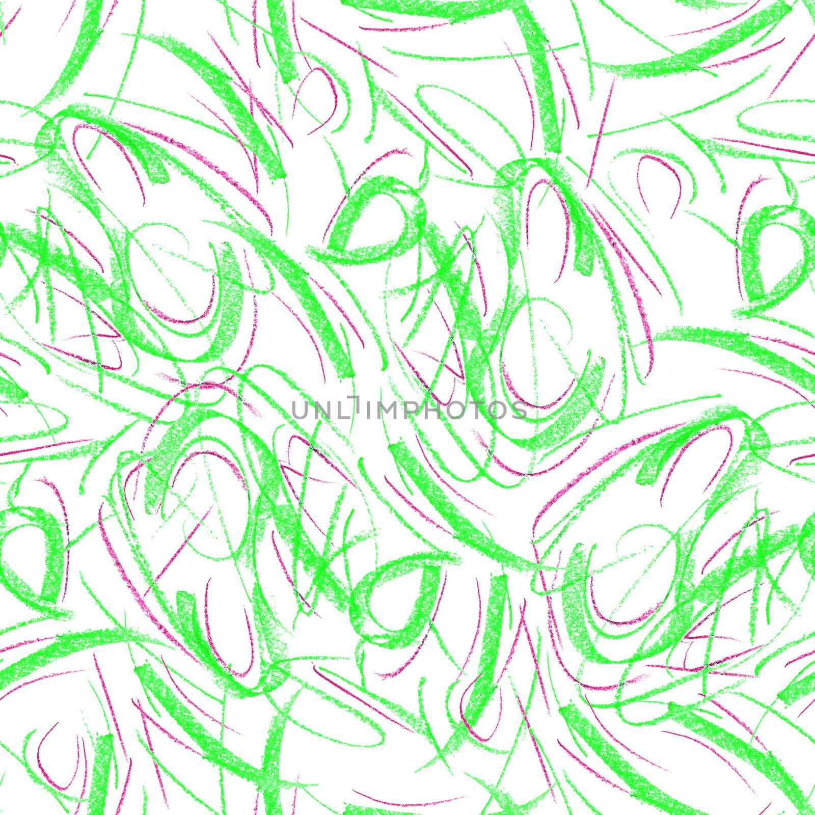 Wavy and swirled chalk strokes seamless pattern. Green and pink paint freehand scribbles, lines, squiggle pattern. Abstract wallpaper design, textile print