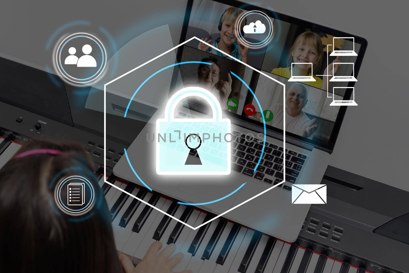 Cybersecurity and privacy concepts to protect data. Lock icon and internet network security technology. Businessman protecting personal data on smart phone with virtual screen interfaces.