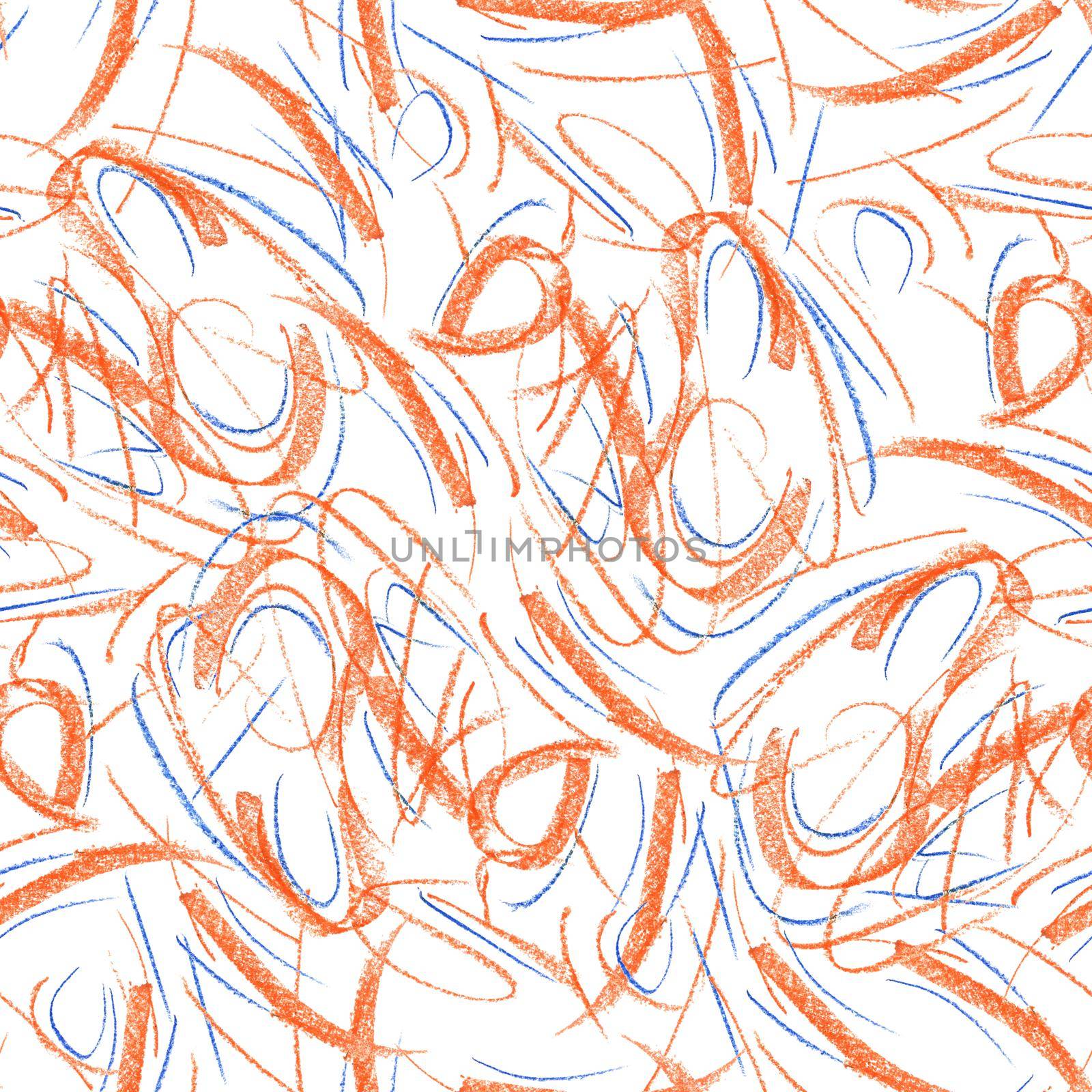 Wavy and swirled chalk strokes seamless pattern. Orange paint freehand scribbles, lines, squiggle pattern. Abstract wallpaper design, textile print