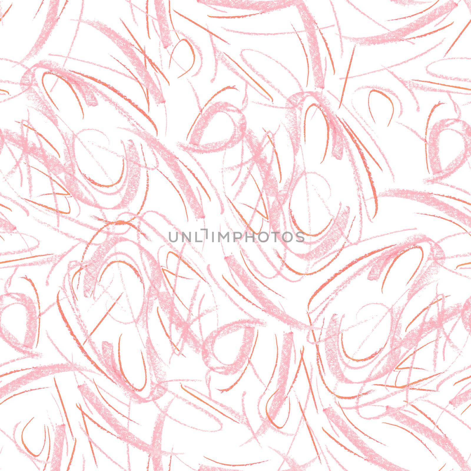 Wavy and swirled chalk strokes seamless pattern. Pink paint freehand scribbles, lines, squiggle pattern. Abstract wallpaper design, textile print