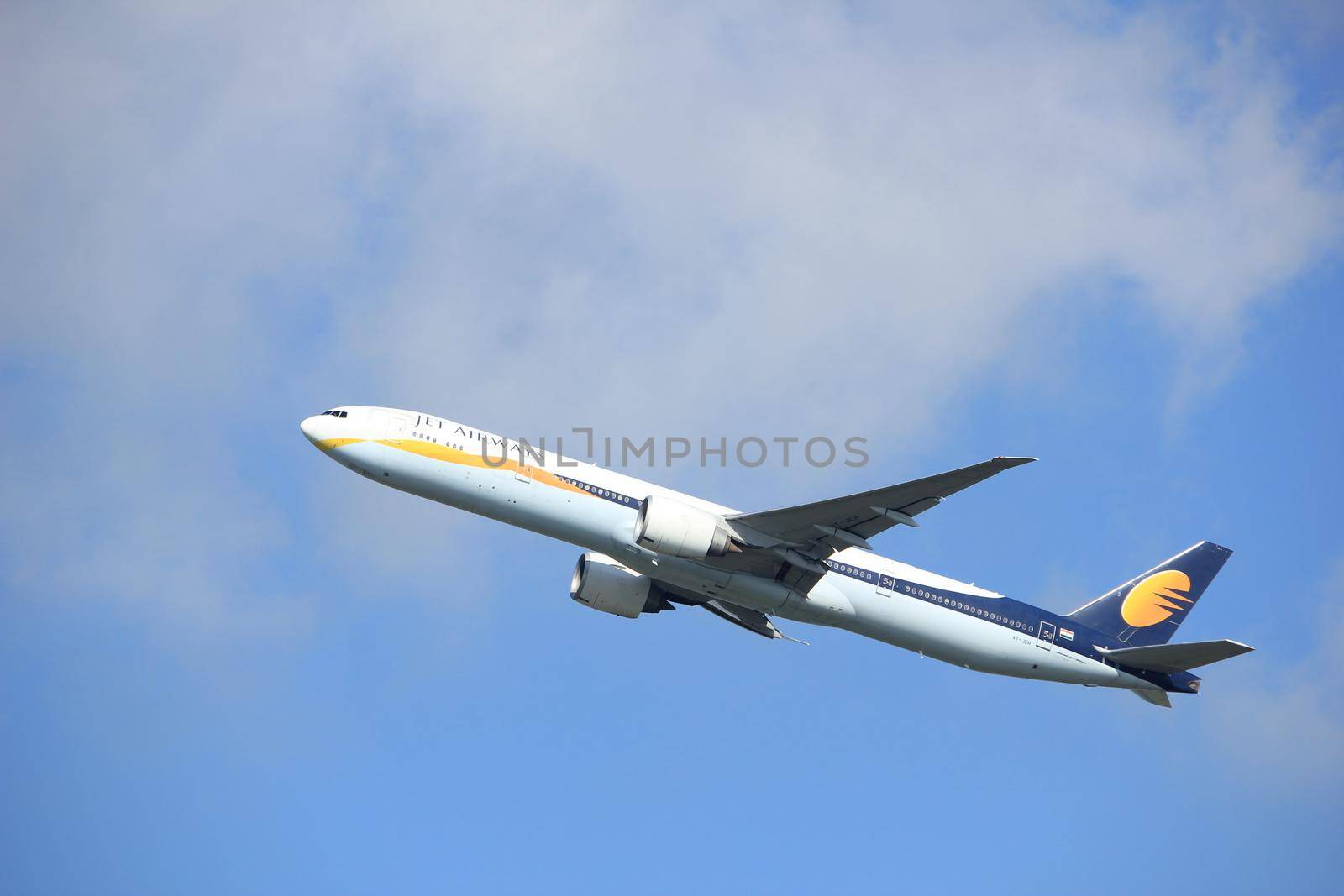 Amsterdam the Netherlands - September 23rd 2017: VT-JEH Jet Airways Boeing 777-35R takeoff from Kaagbaan runway, Amsterdam Airport Schiphol