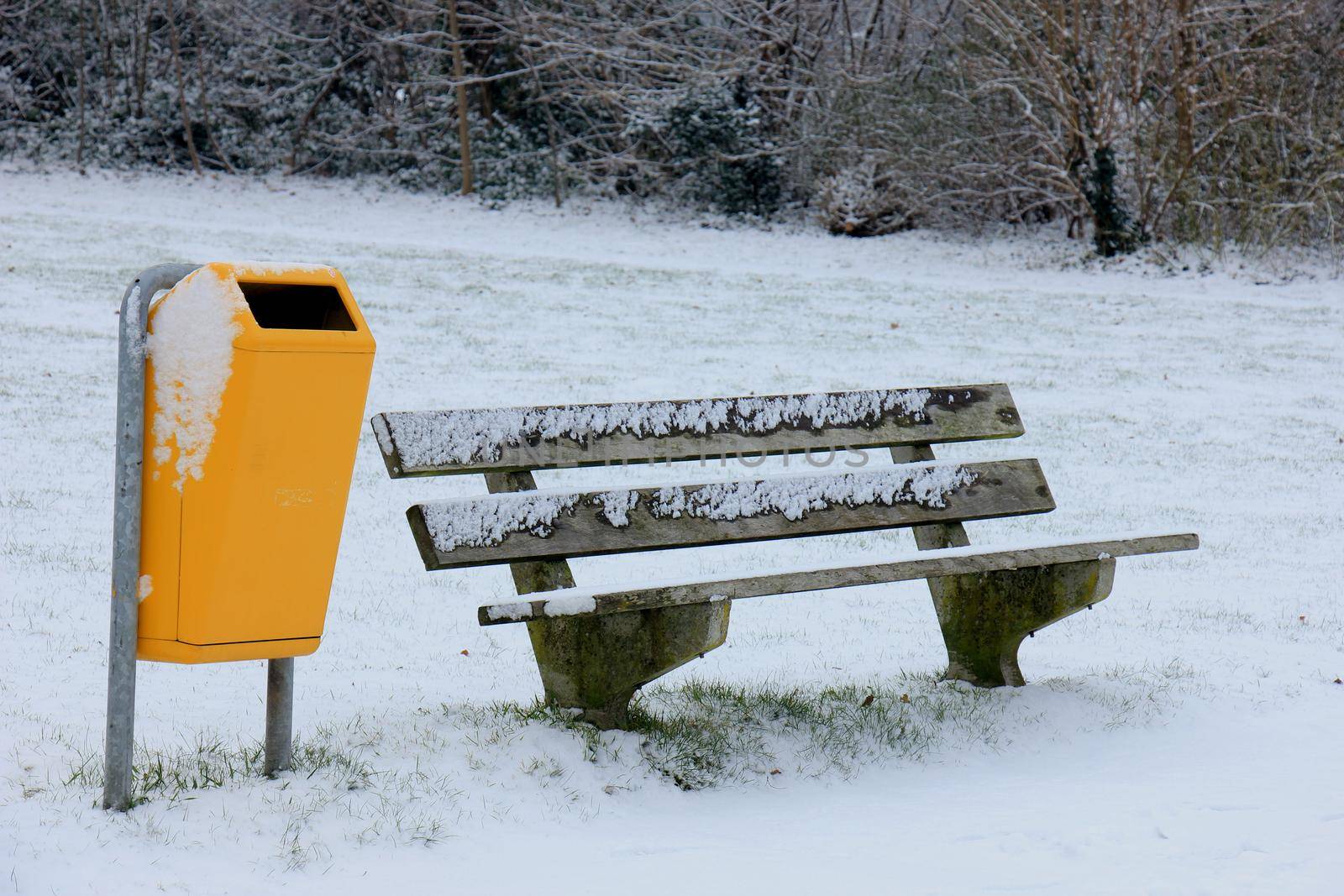 Wooden bench in a snowy park by studioportosabbia