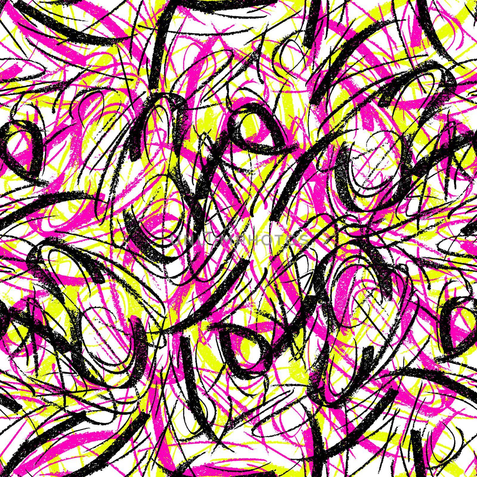 Wavy and swirled chalk strokes seamless pattern. Black, pink and yellow paint freehand scribbles, lines, squiggle pattern. Abstract wallpaper design, textile print