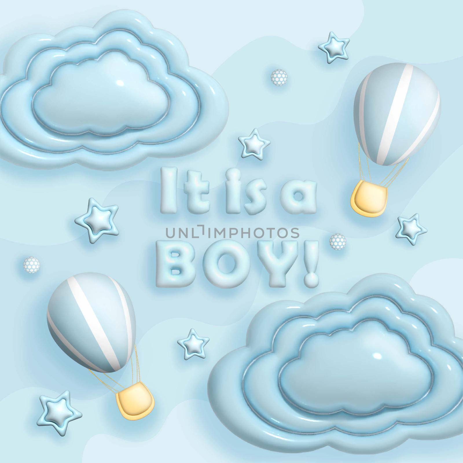 It's a boy. Festive poster for baby shower parties. Blue background