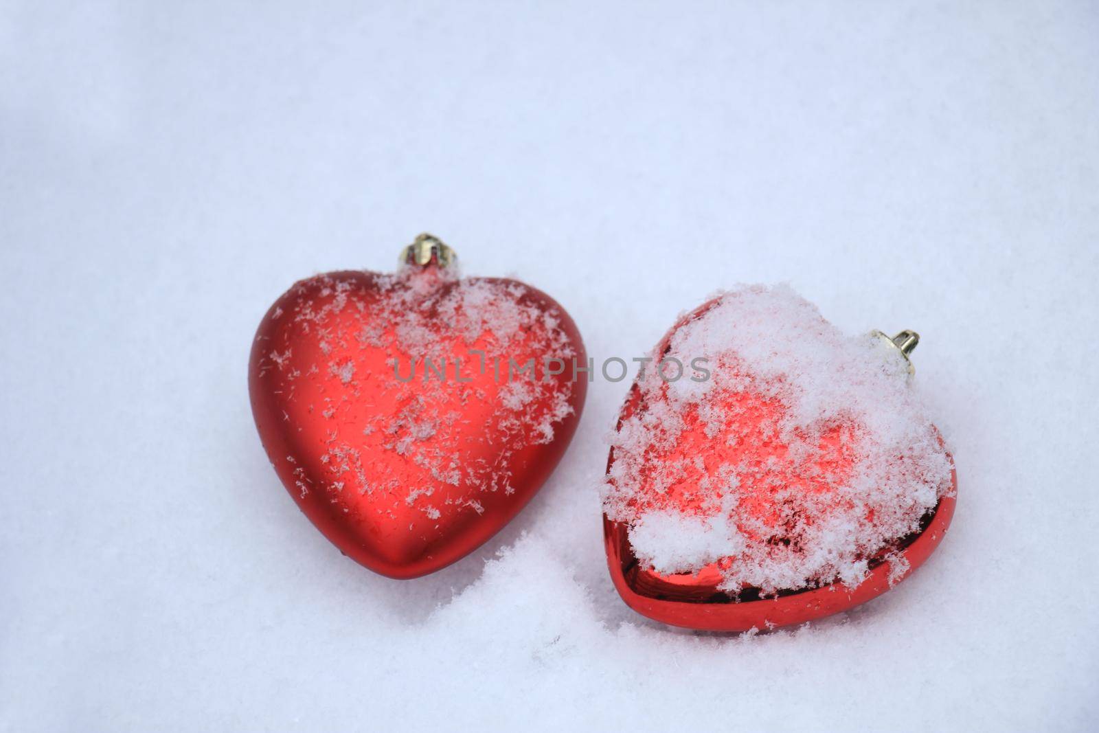 Red heart shaped ornaments in fresh fallen snow by studioportosabbia