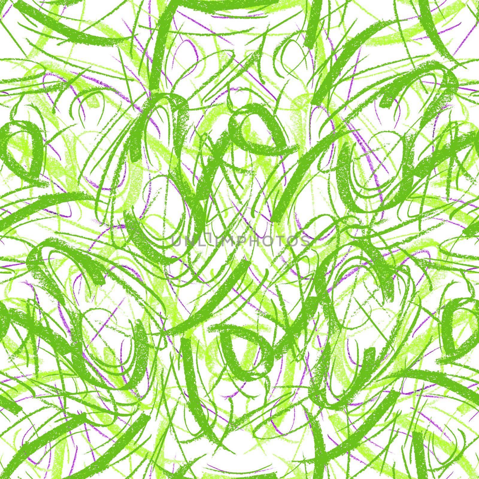 Wavy and swirled chalk strokes seamless pattern. Green paint freehand scribbles, lines, squiggle pattern. Abstract wallpaper design, textile print