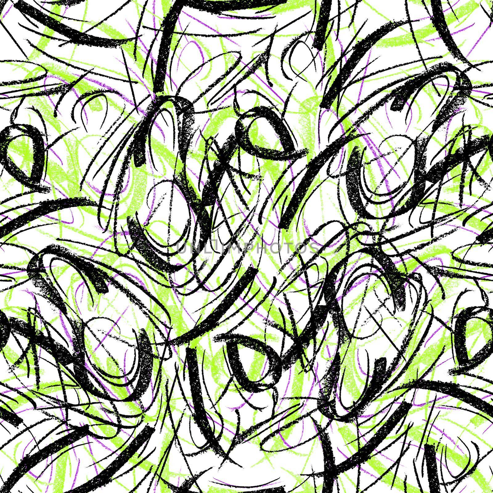 Wavy and swirled chalk strokes seamless pattern. Blackand green paint freehand scribbles, lines, squiggle pattern. Abstract wallpaper design, textile print