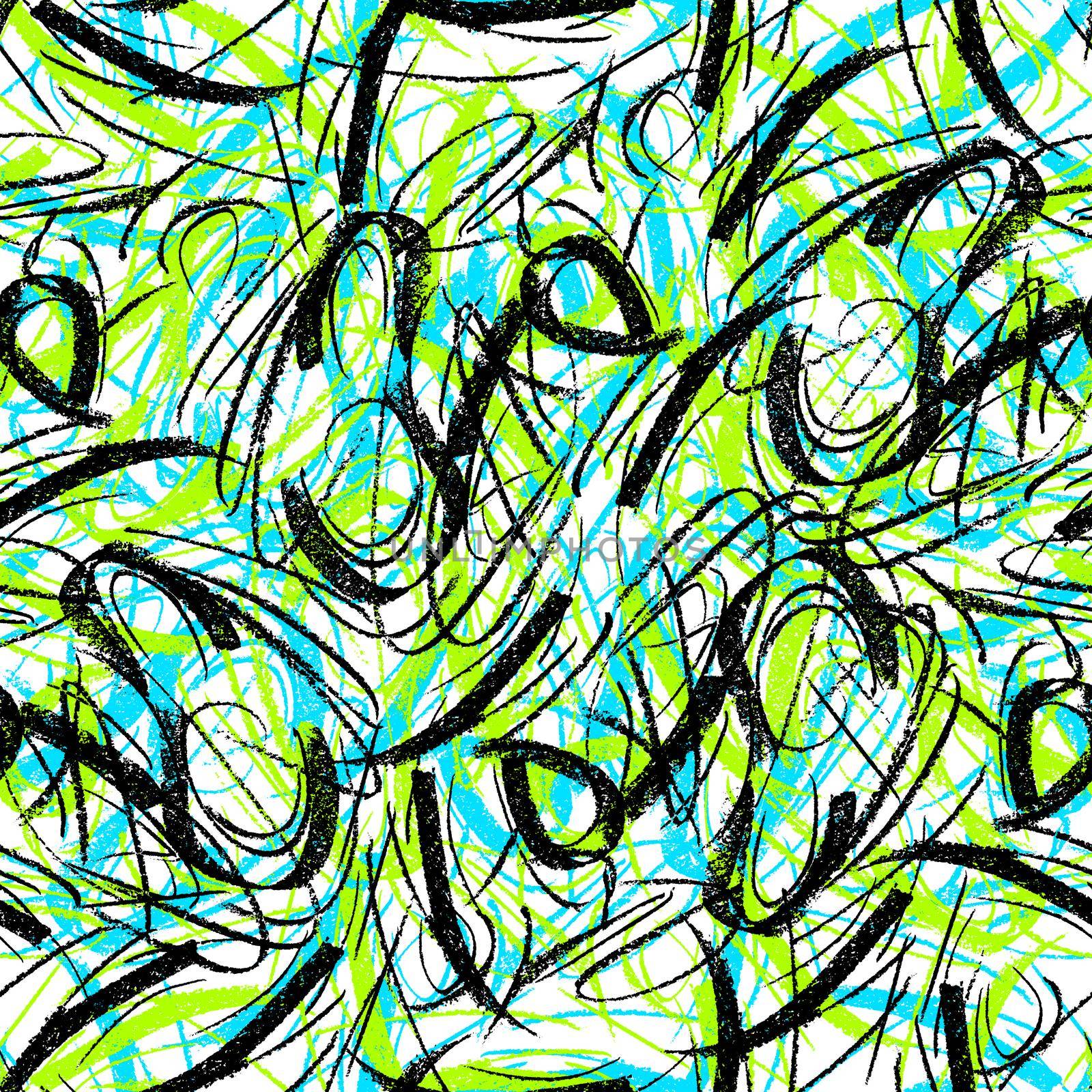 Wavy and swirled chalk strokes seamless pattern. Black, green and blue paint freehand scribbles, lines, squiggle pattern. Abstract wallpaper design, textile print