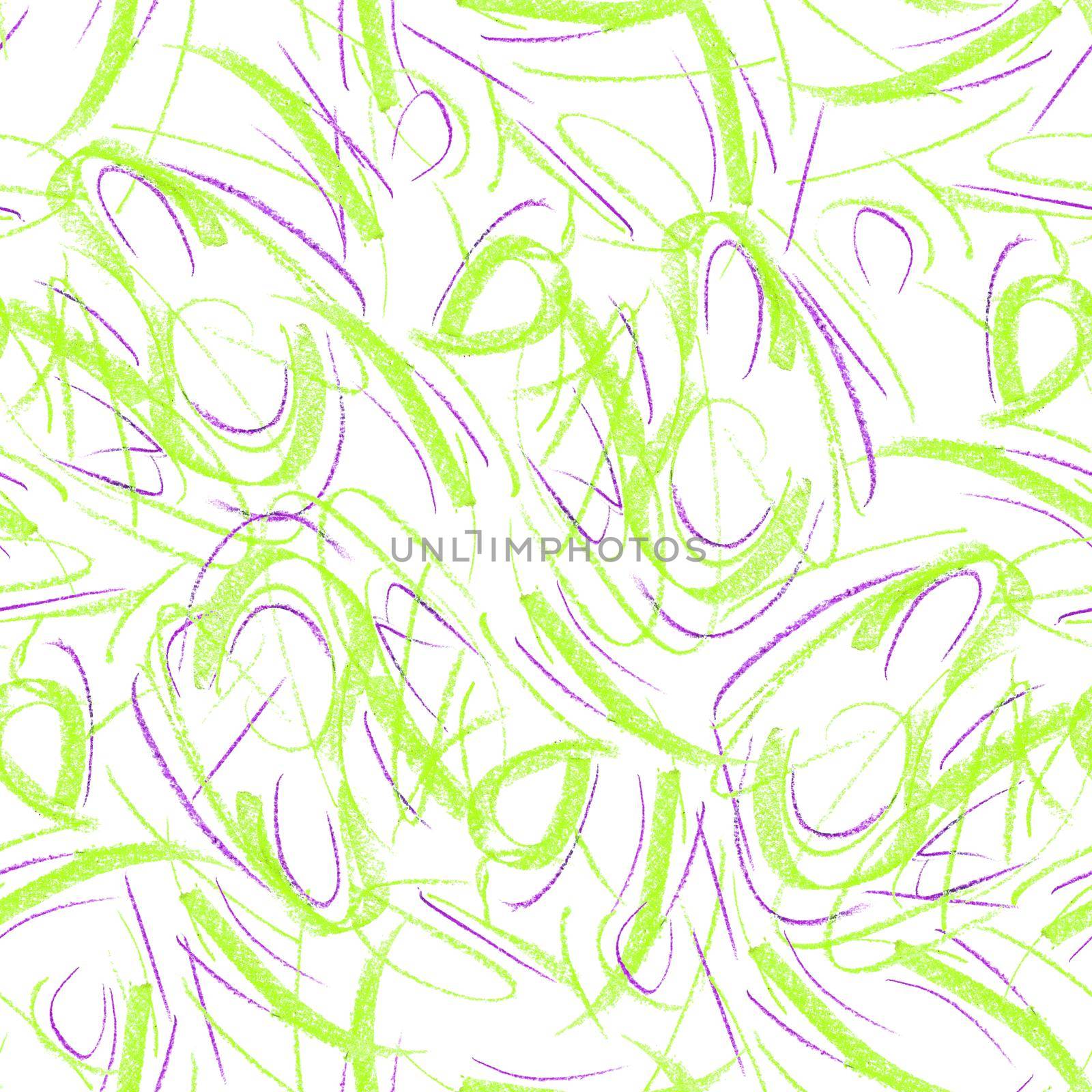 Wavy and swirled chalk strokes seamless pattern. Neon colors paint freehand scribbles, lines, squiggle pattern. Abstract wallpaper design, textile print