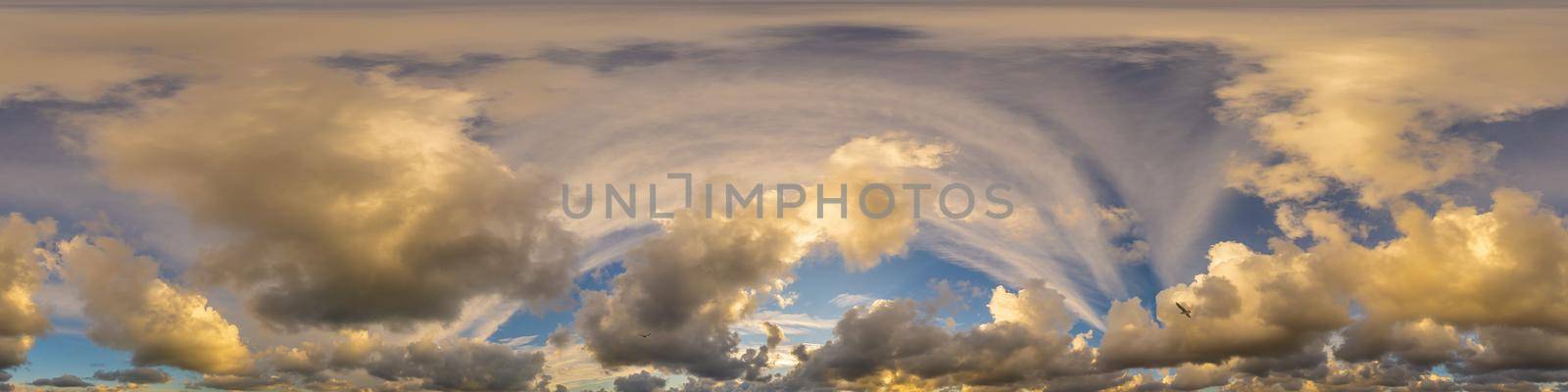 Dramatic sunset sky panorama with Cumulus clouds. Seamless hdr 360 pano in spherical equirectangular format. Complete zenith for 3D visualization, game and sky replacement for aerial drone panoramas by Matiunina