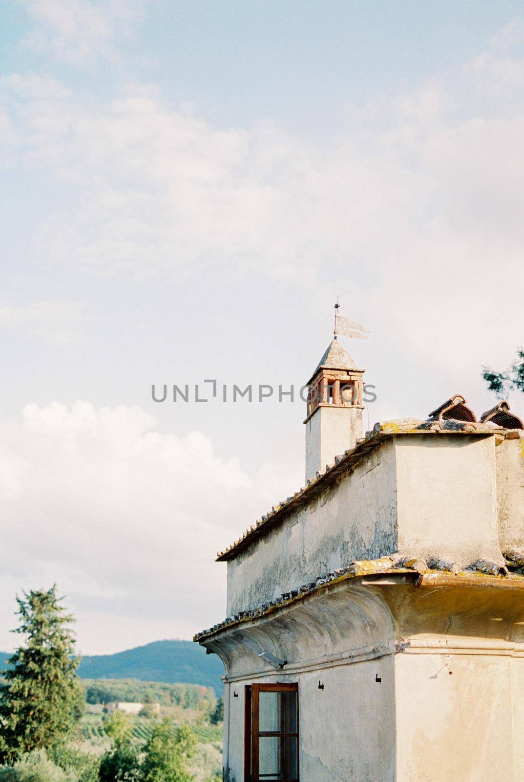 Tower with a flag on the roof of an old villa in the garden. High quality photo