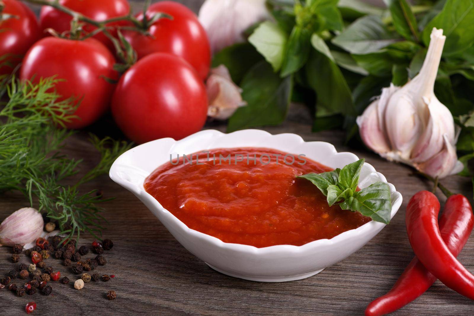 Traditional classic homemade tomato sauce with spices and herbs. Fragrant dressing for various dishes. Taste and simplicity.