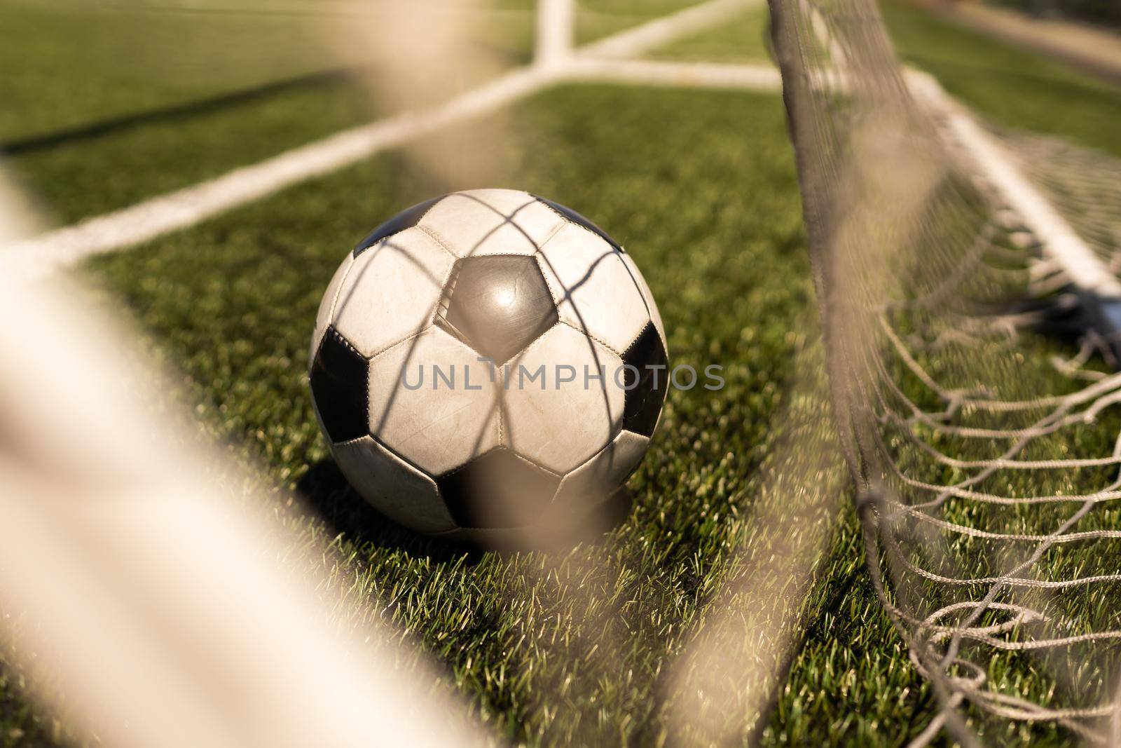 close-up view of leather soccer ball on green grass. by Andelov13