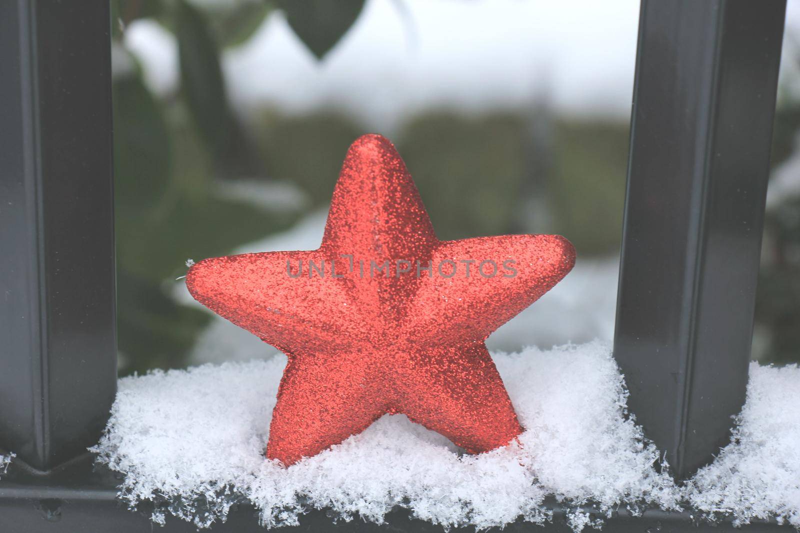 Red star ornament in fresh fallen snow by studioportosabbia