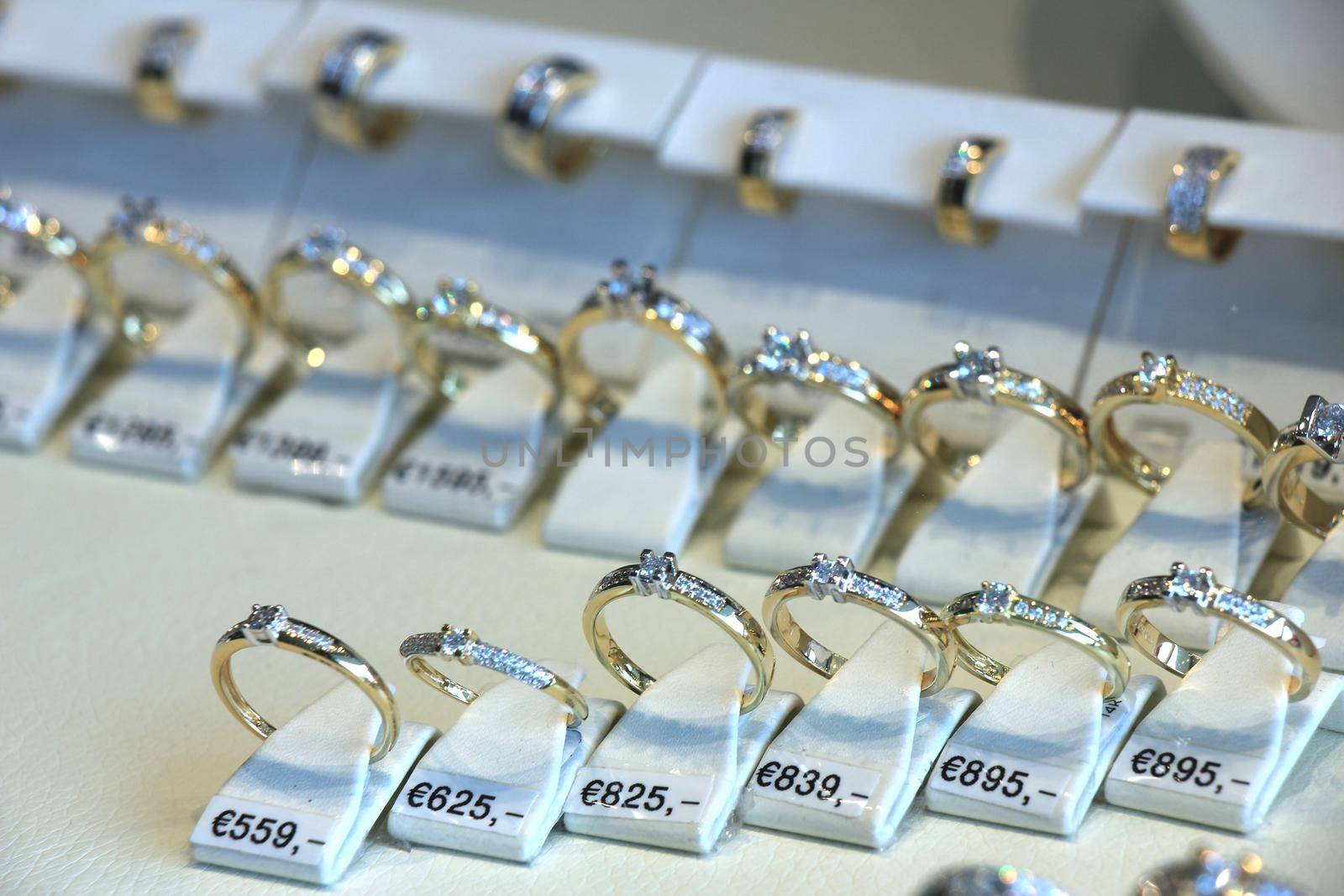 Diamond engagement rings in a shop display