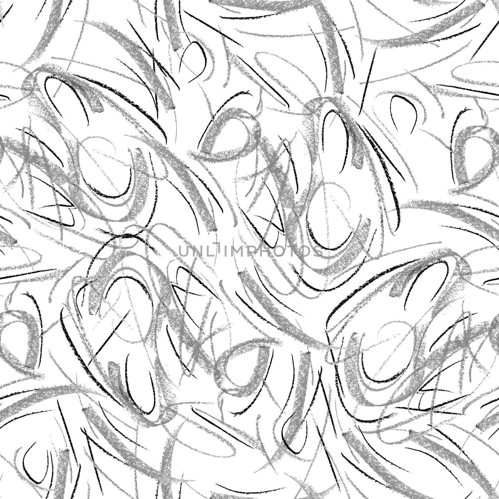 Wavy and swirled chalk strokes seamless pattern. Monochrome paint freehand scribbles, lines, squiggle pattern. Abstract wallpaper design, textile print