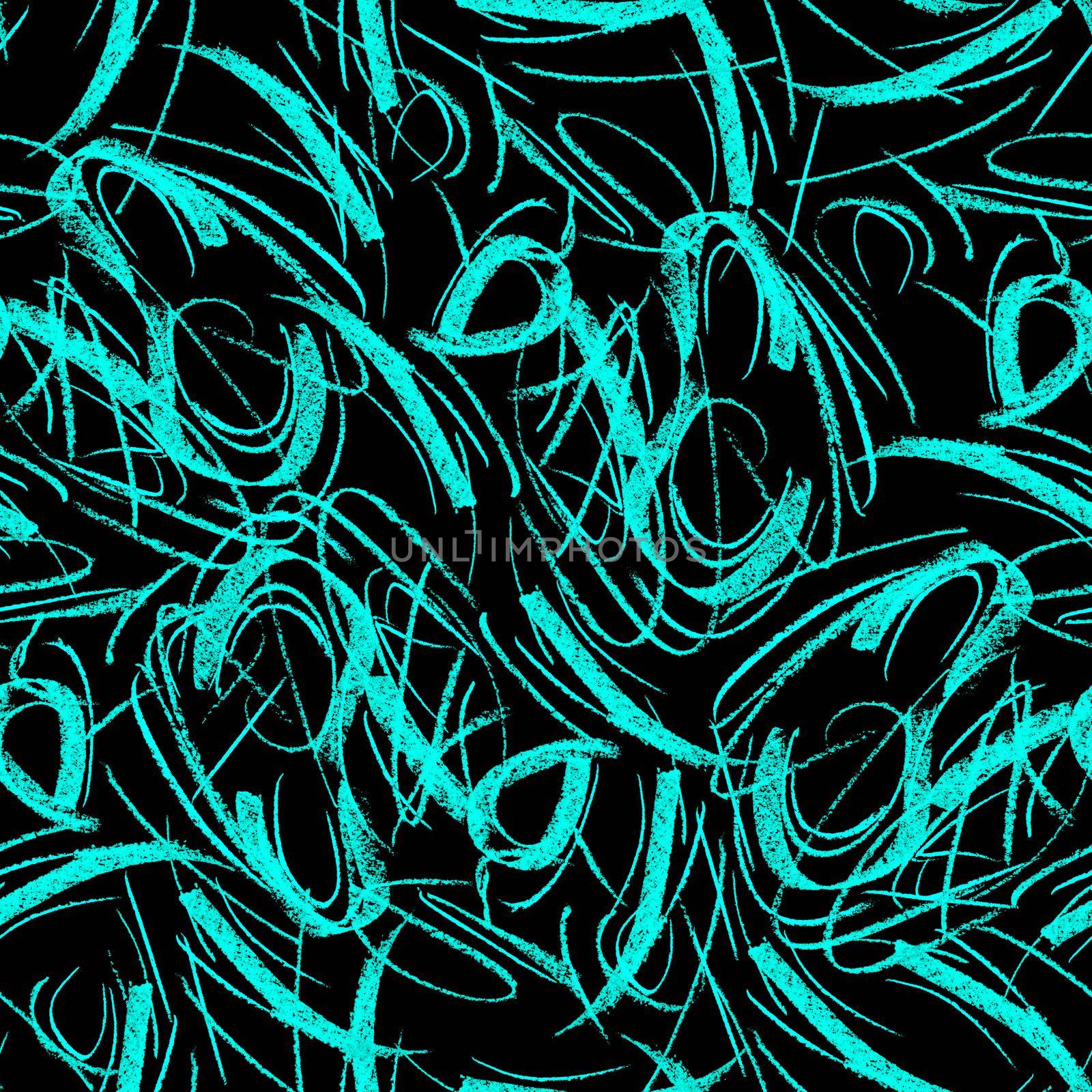 Wavy and swirled chalk strokes seamless pattern. Blue paint freehand scribbles, lines, squiggle pattern. Abstract wallpaper design, textile print