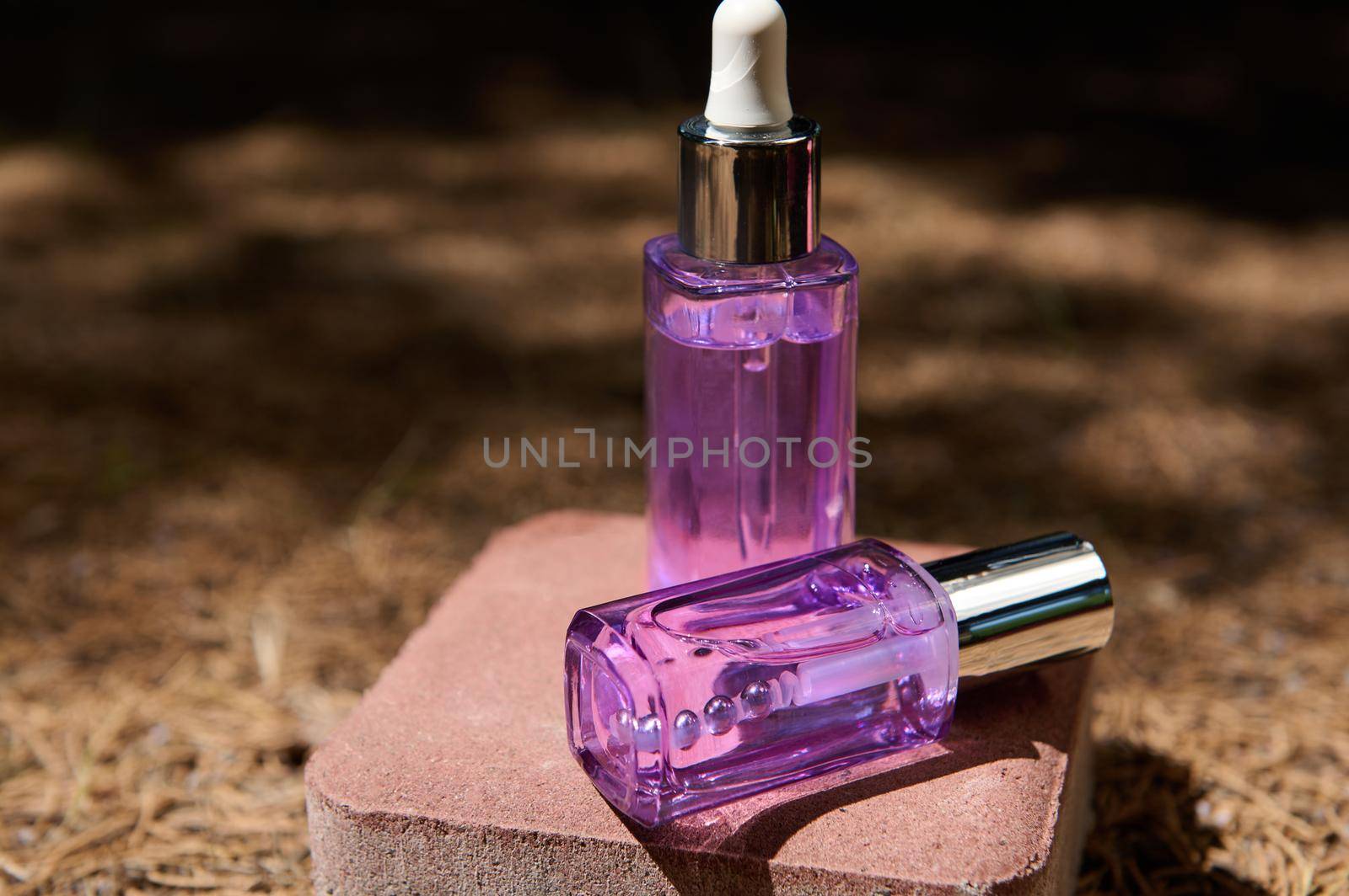 Transparent light violet dropper bottles of rejuvenating serum for face care, on a pink stone, on fallen dry pine trees needles on the background, with sunlight and a shadow from coniferous trees