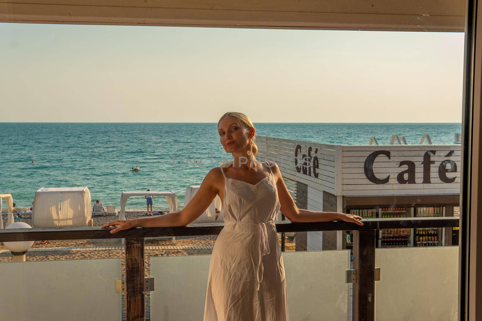 Sea coast view sorrento window mediterranean open room travel balcony, concept ocean female in beautiful from happy person, portrait looking. Landscape background standing, by 89167702191