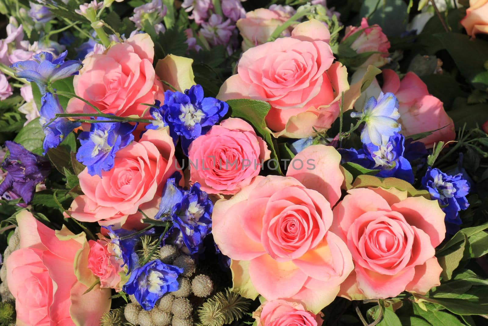 Pink roses and blue larkspur in a floral wedding decoration