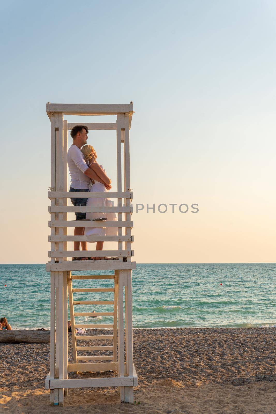 Love girl lifeguard guy pair tower paradise sunrise life safety, for sand saving for shore and security holiday, post saver. Background sun hut, by 89167702191