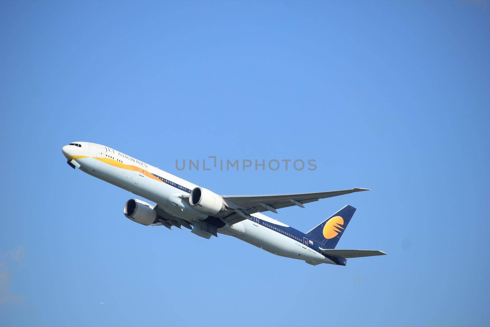 Amsterdam the Netherlands - September 23rd 2017: VT-JEH Jet Airways Boeing 777-35R takeoff from Kaagbaan runway, Amsterdam Airport Schiphol