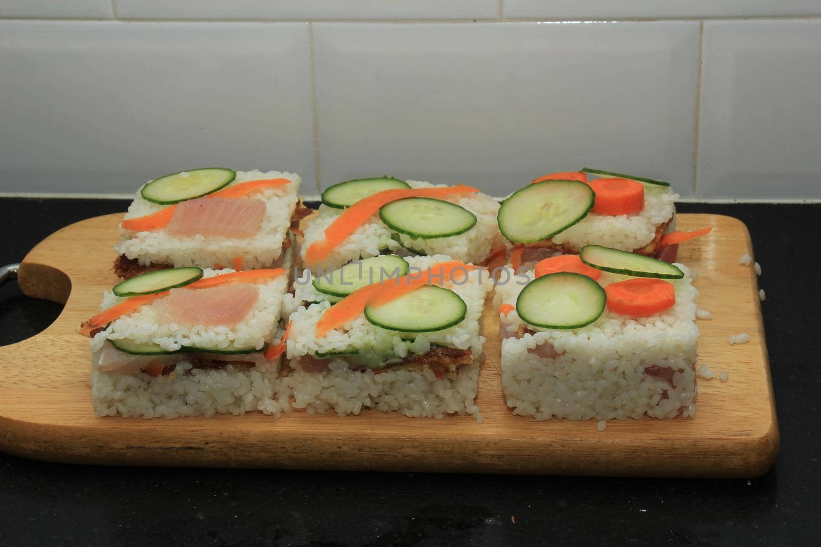 Japanese pressed sushi, Oshizushi with tuna fish, carrot and egg