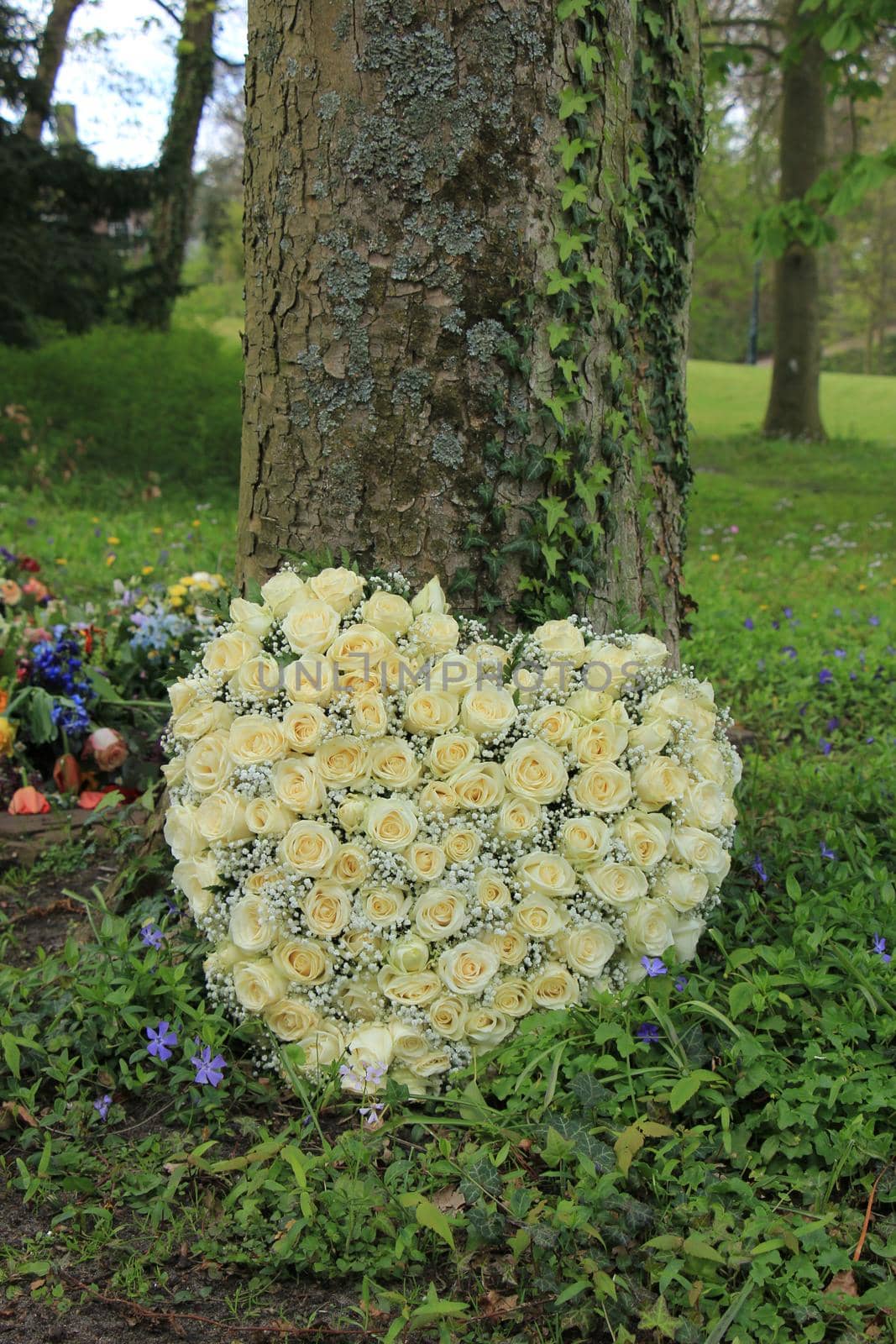 Heart shaped sympathy flowers  or funeral flowers near a tree