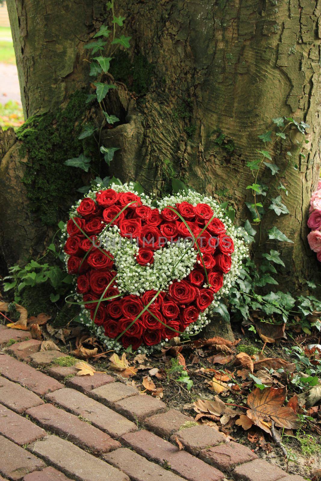 Heart shaped sympathy flowers  or funeral flowers near a tree, red roses