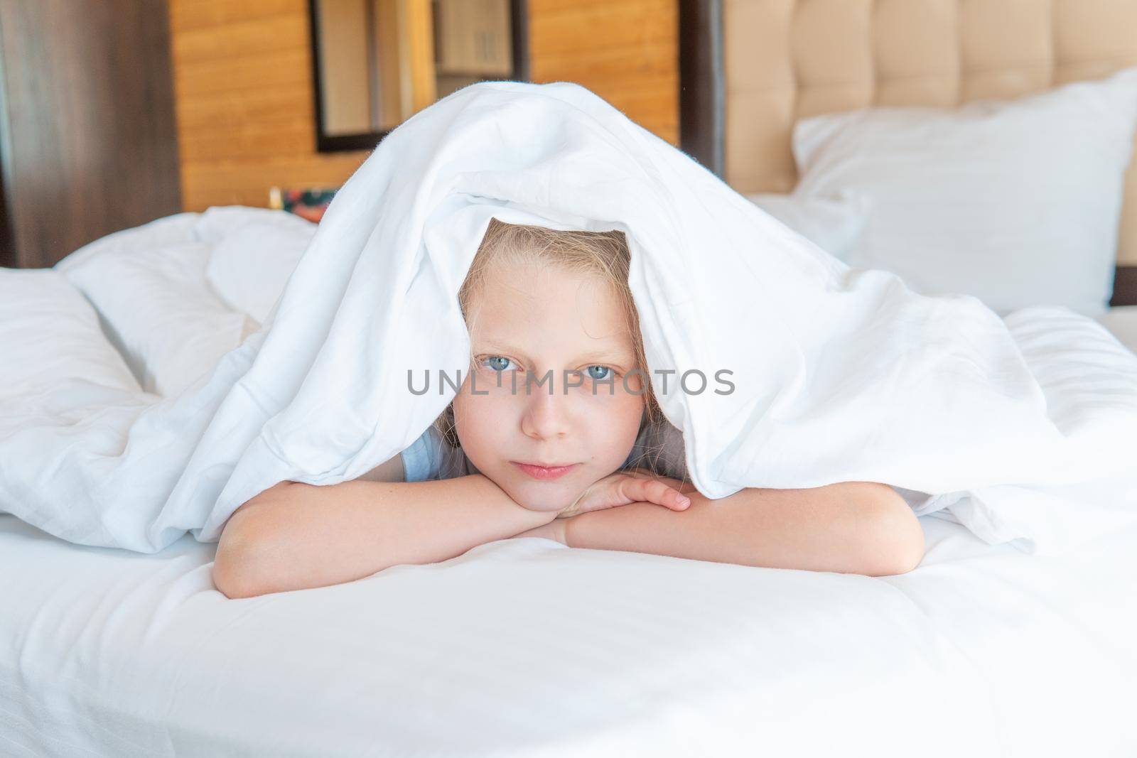Over head sleep girl blanket pain phone young beautiful sleeping, from morning white in relax and home smile, positive room. Light serene breathing,