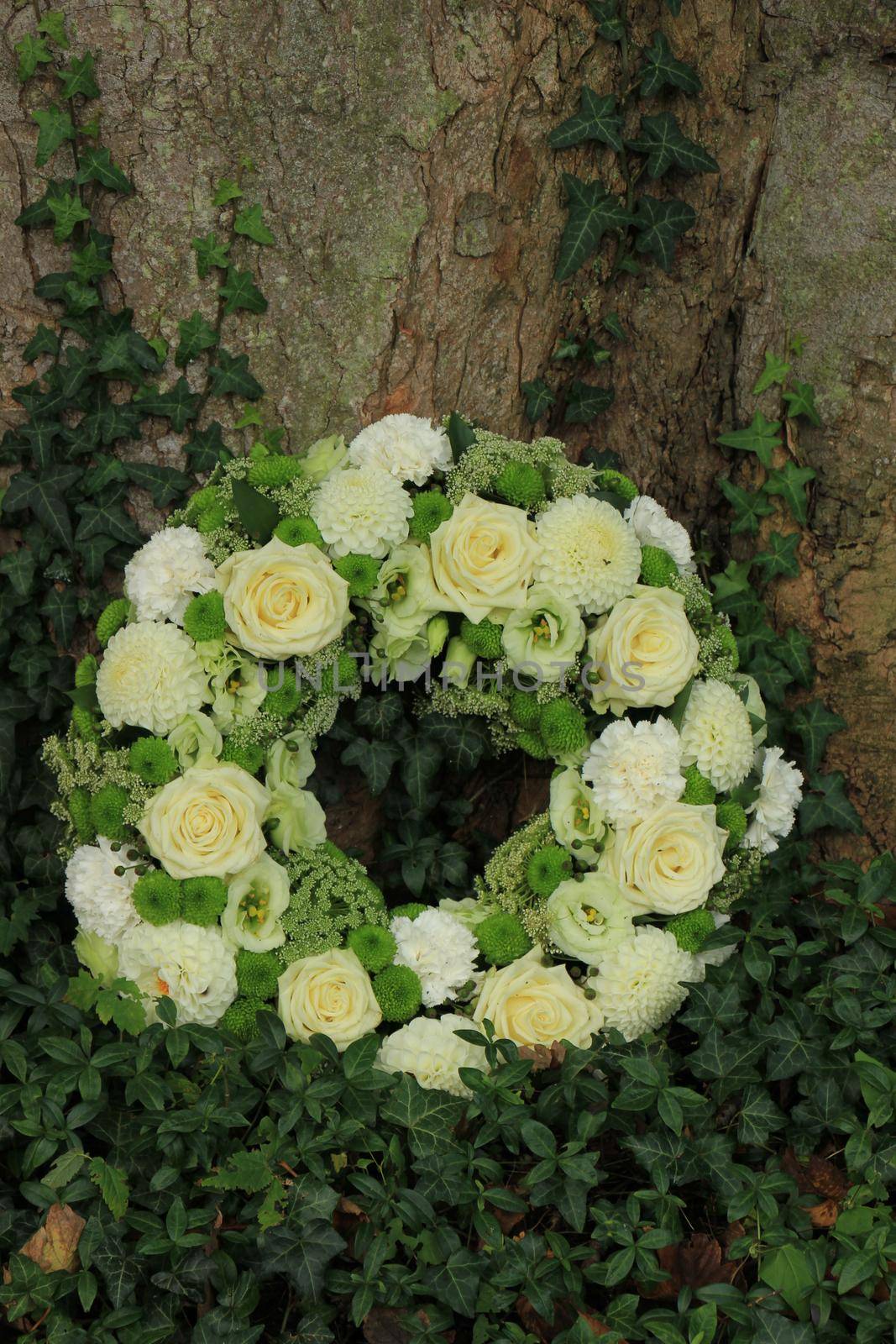 white sympathy wreath or funeral flowers near a tree, white roses and mums