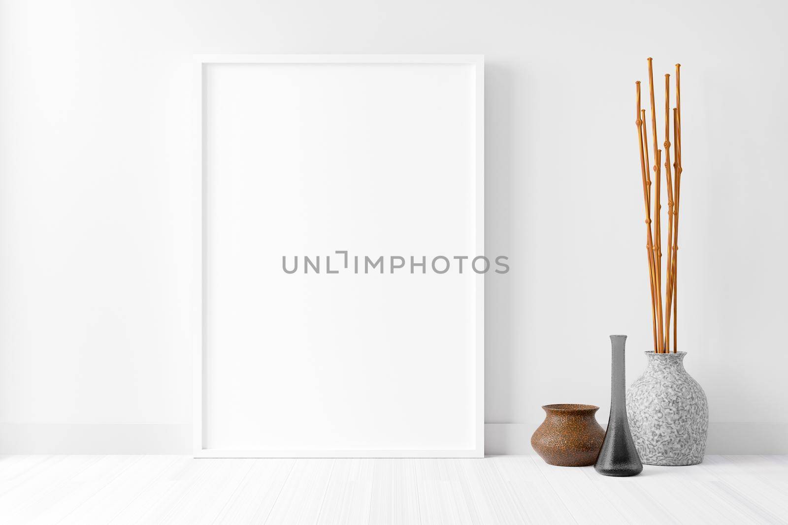 Blank empty picture frame mockup on white cement wall. by ijeab