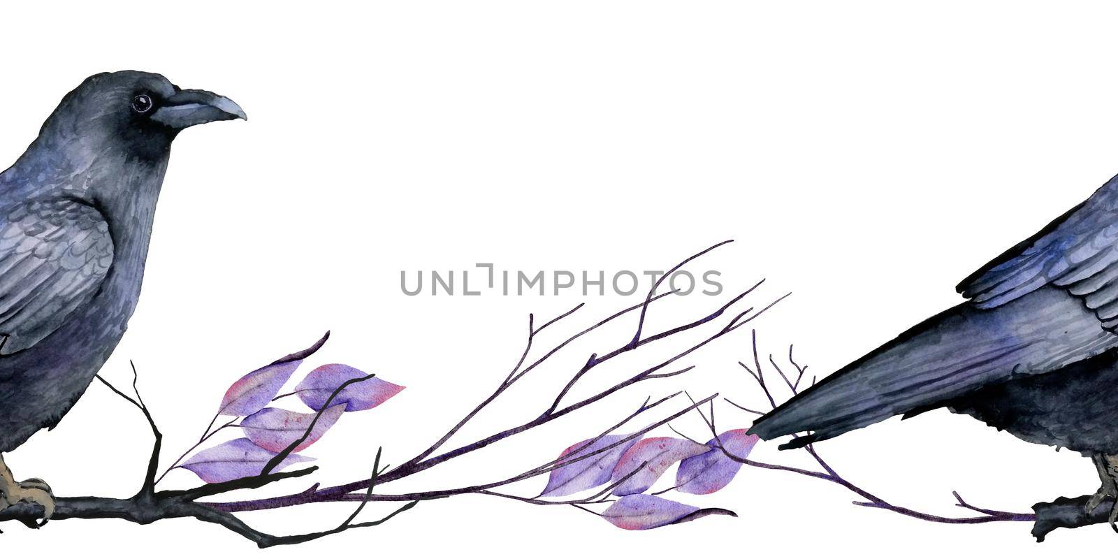 Watercolor hand drawn seamless horizontal border frame with raven spooky horror bird purple leaves, witch Halloween background, dark mystery concept. by Lagmar