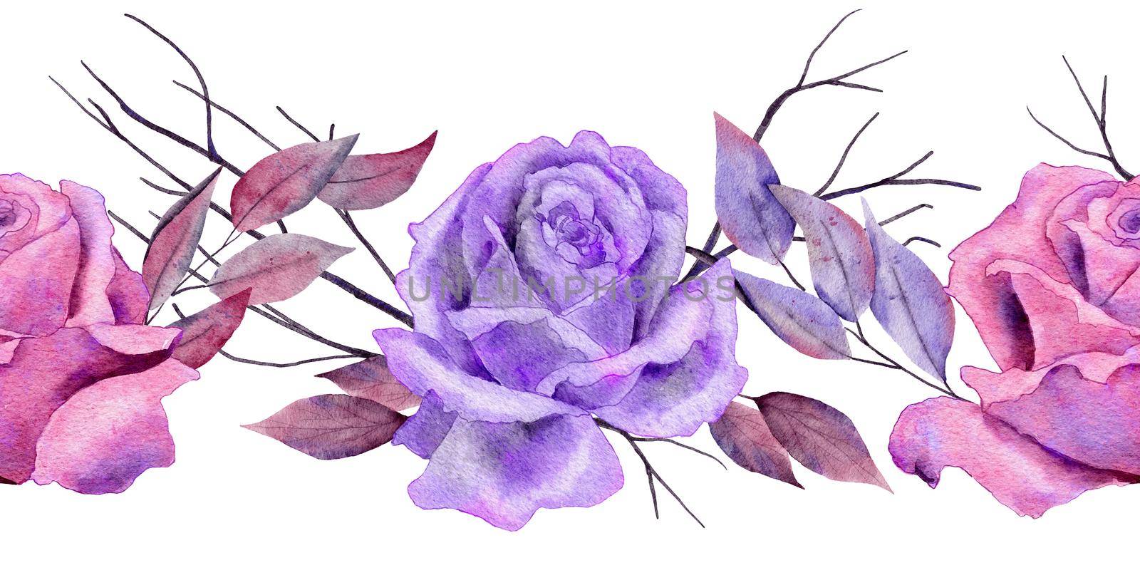 Watercolor hand drawn rose pink purple flower floral seamless horizontal border. Spooky mystic magic occult frame background, black brnches