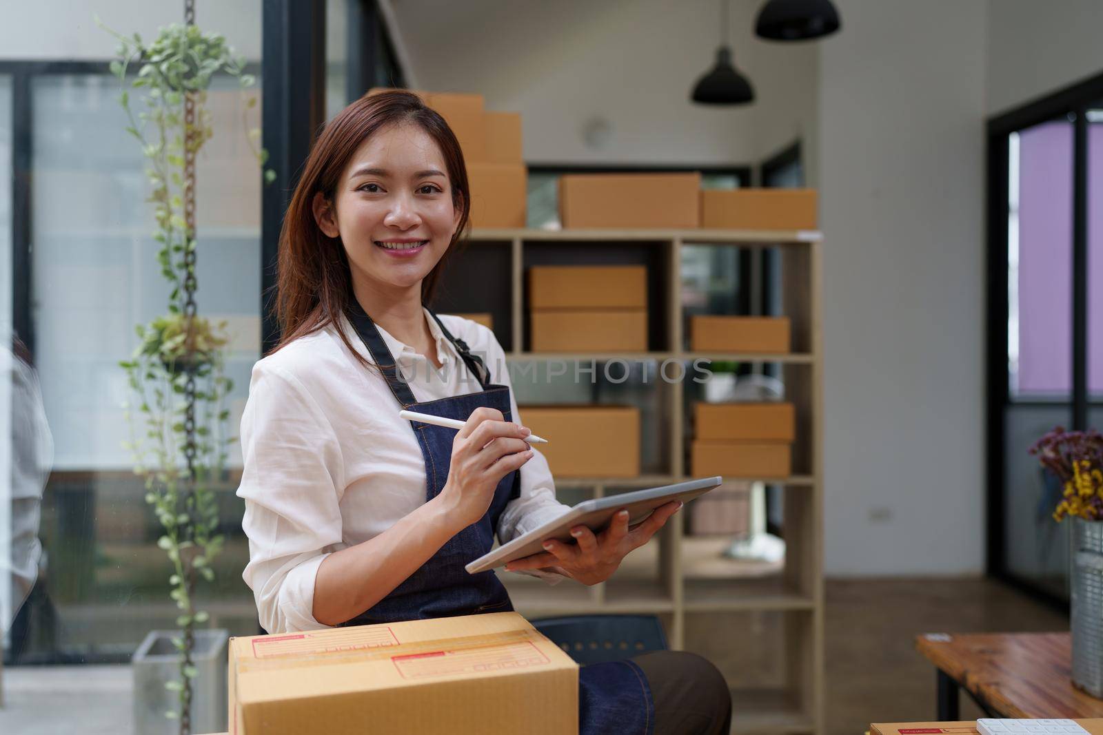 Attractive Asian entrepreneur business woman look at camera.