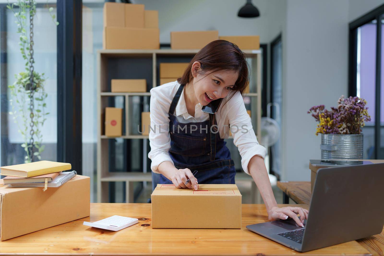 Attractive Asian entrepreneur business woman checking order