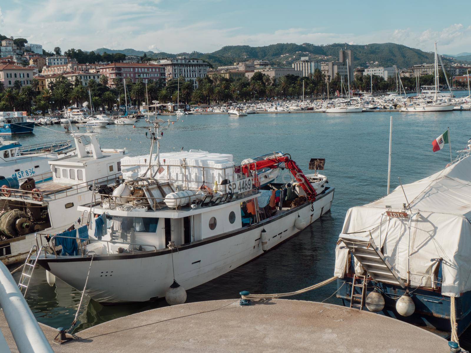 La Spezia, Italy - 9th july 2022 fishermen harbour and boats by verbano