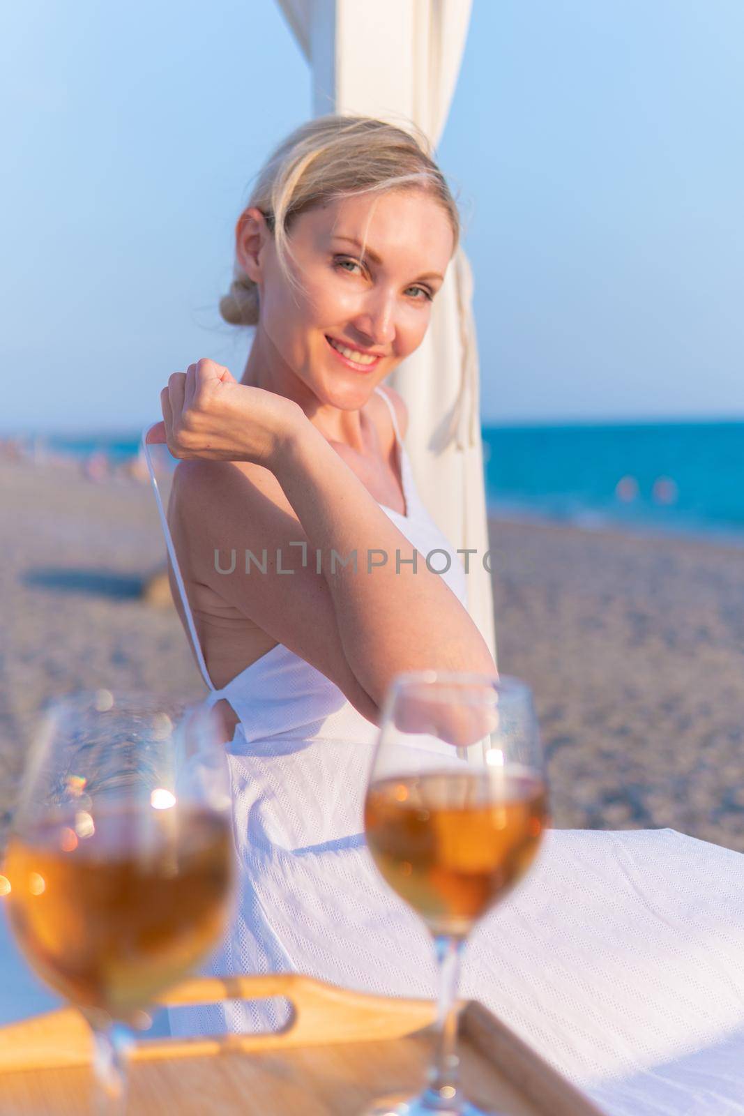 Girl rest tray sea wine restaurant two copyspace summer cold, concept drink glass for vacation and lifestyle beverage, sky food. Coast weekend relaxation, by 89167702191