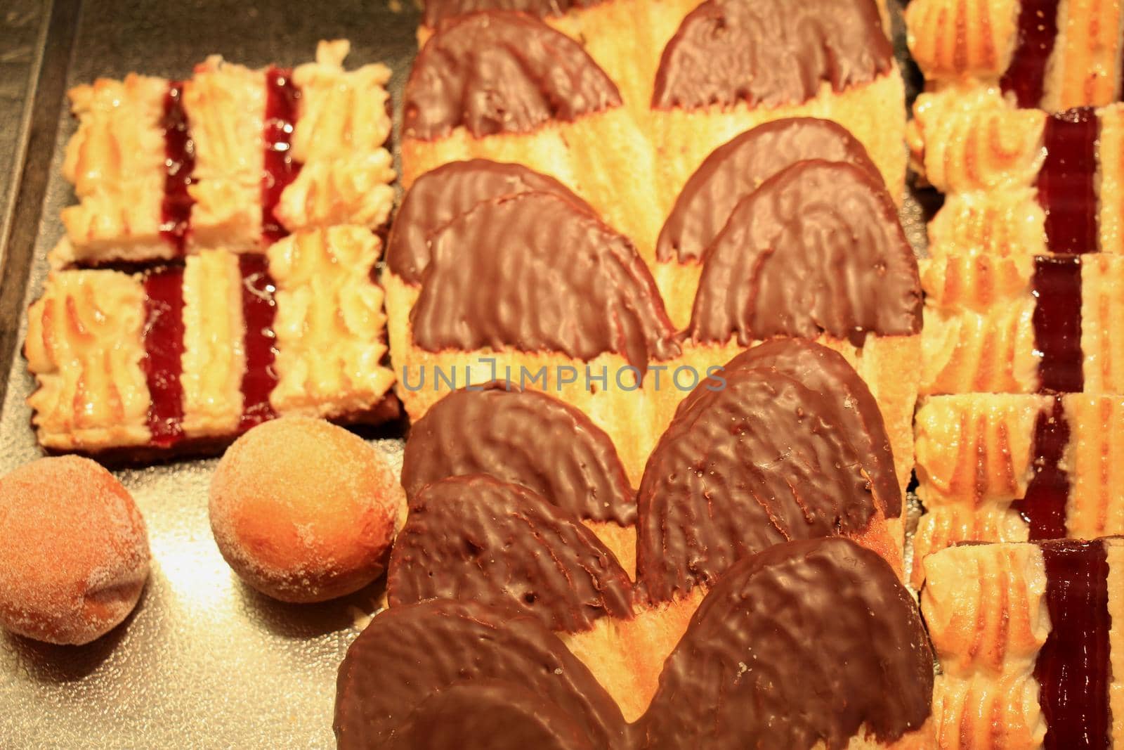 Fresh confectionery, various cookies with chocolate and jam