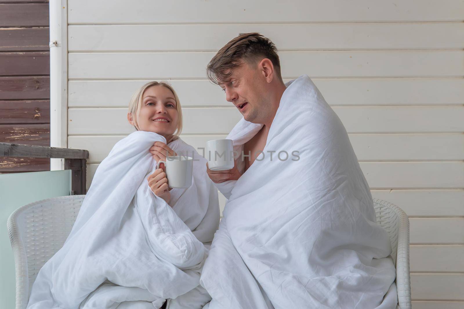 Happy drink blanket girl couple guy cute married young enjoy, concept two romantic from rest for white cozy, awake affection. Women handsome tenderness, by 89167702191